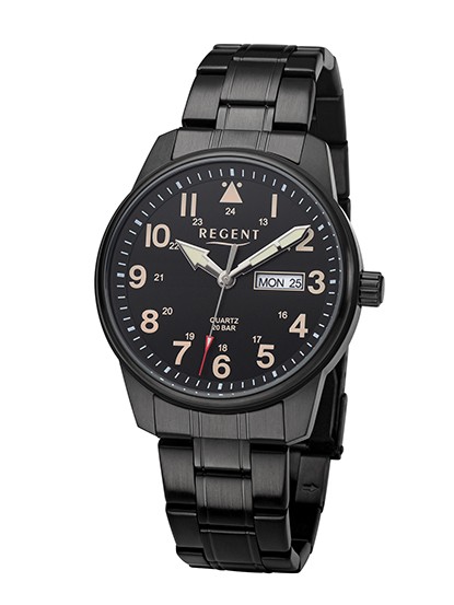 Regent Armbanduhr Schwarz mit Mineralglas und Edelstahlband - deutsche Uhrenmarke Zeitlos
